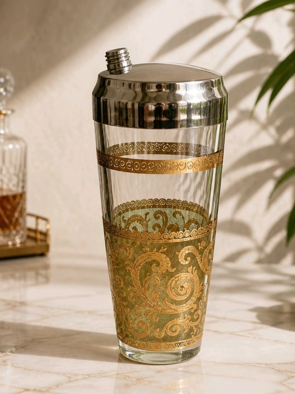 Vintage MCM Culver Toledo Gold-Trim Scroll Glass Cocktail Shaker